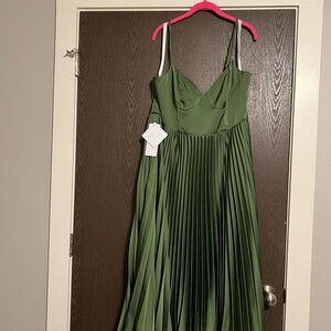 Azazie Emma Olive Green Pleated Midi Dress - Size 16
